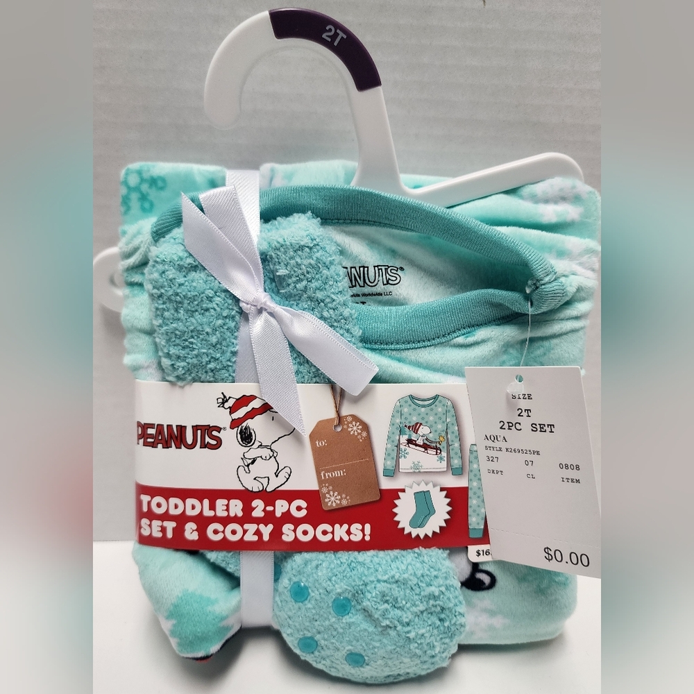 2T Toddler 2pc Snoopy Snuggly Soft Pajama Set Socks Aqua Blue Top Pants New